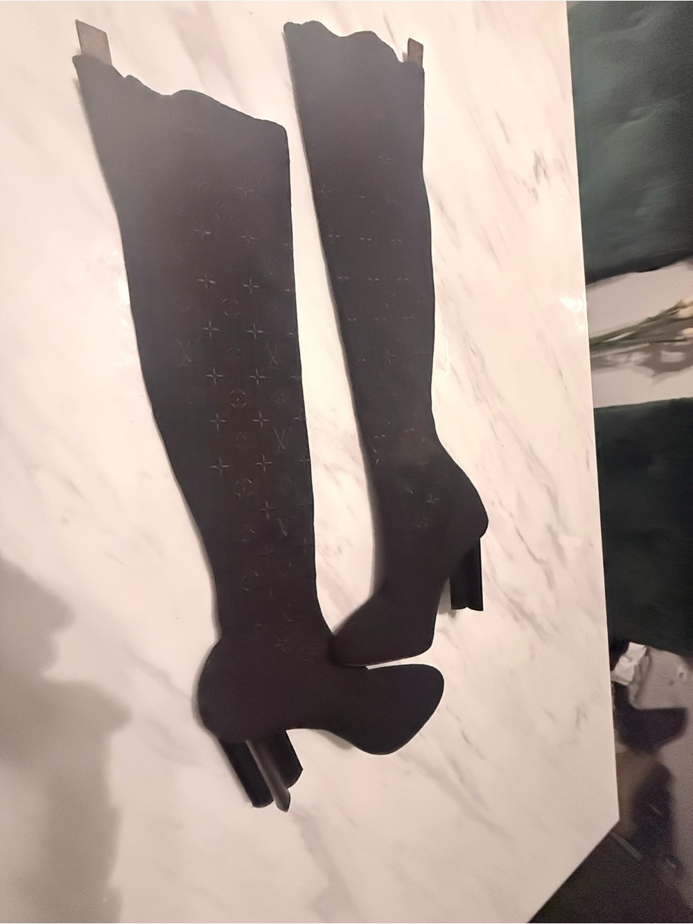 Louis Vuitton Black Over-the-Knee Monogram Stretch Boots with Block Heel - Picture 2 of 7